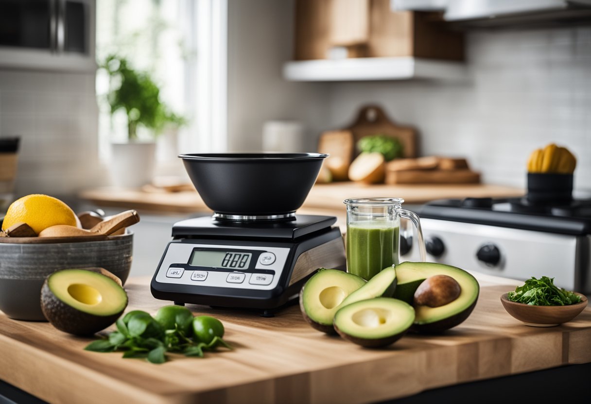 A well-organized kitchen counter with 12 keto-friendly cooking essentials neatly arranged: a food scale, avocado slicer, spiralizer, and more