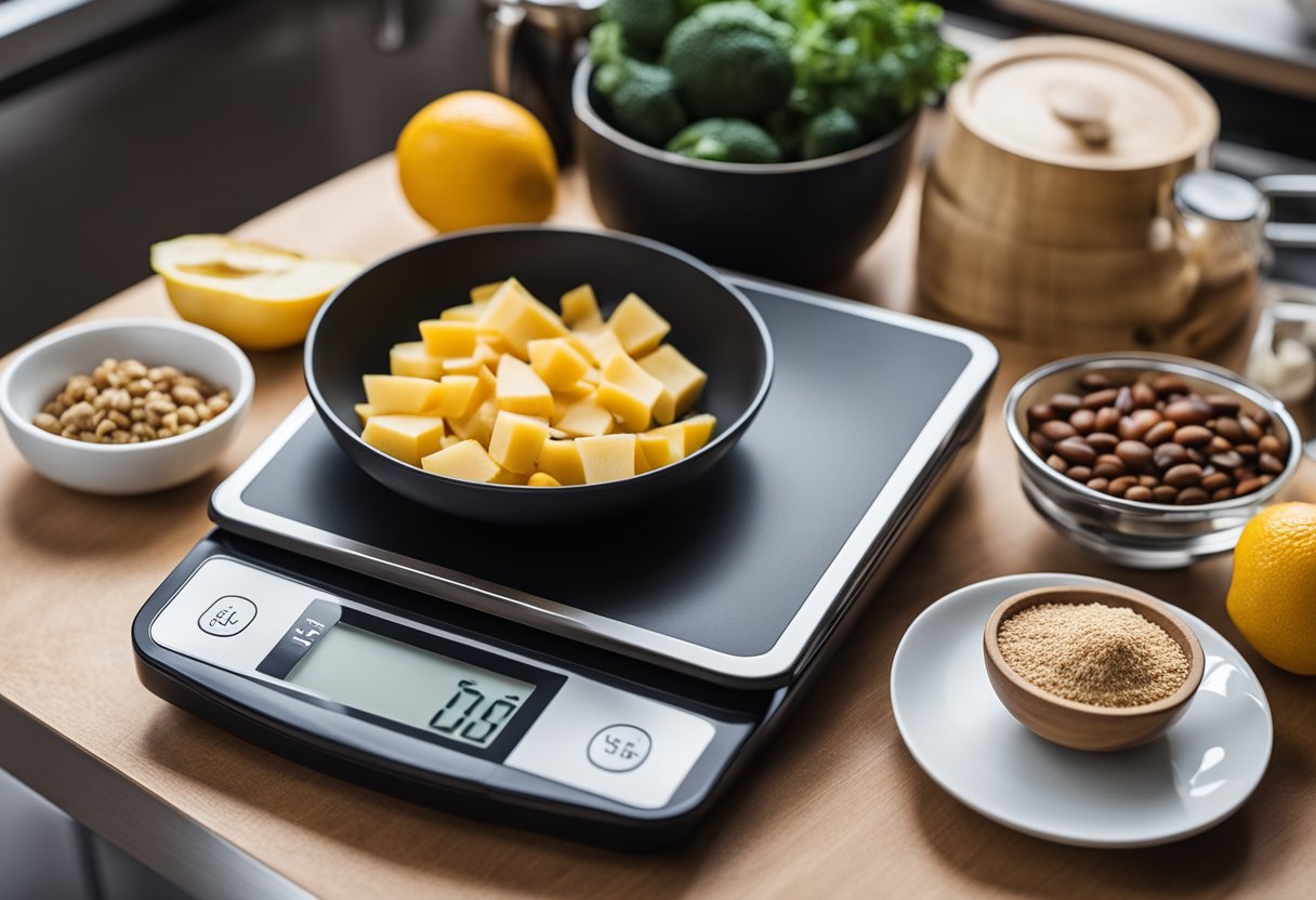 A precision food scale surrounded by 12 essential keto kitchen items