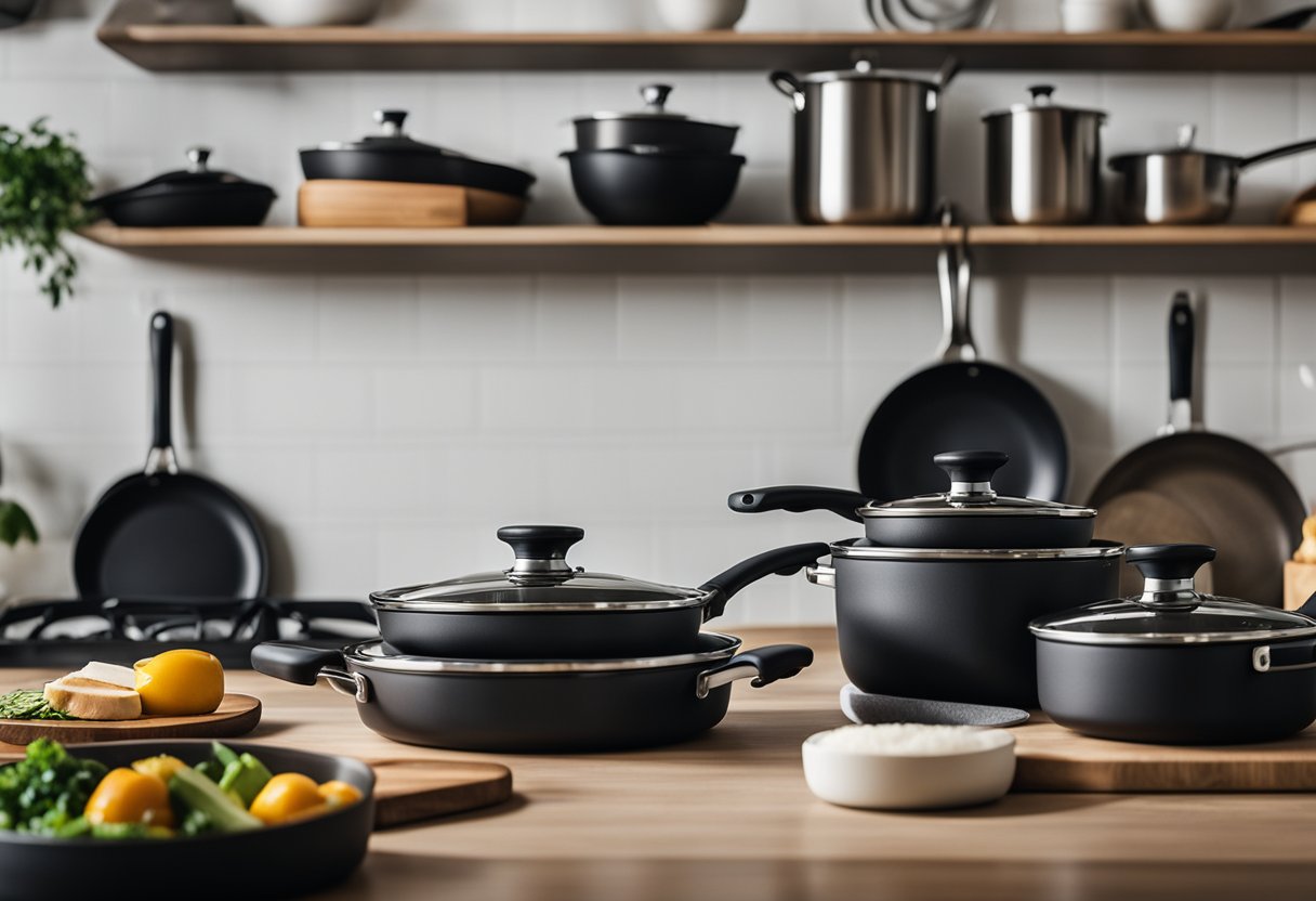 A modern kitchen with a variety of non-stick frying pans and other keto-friendly cooking essentials neatly organized on the countertop