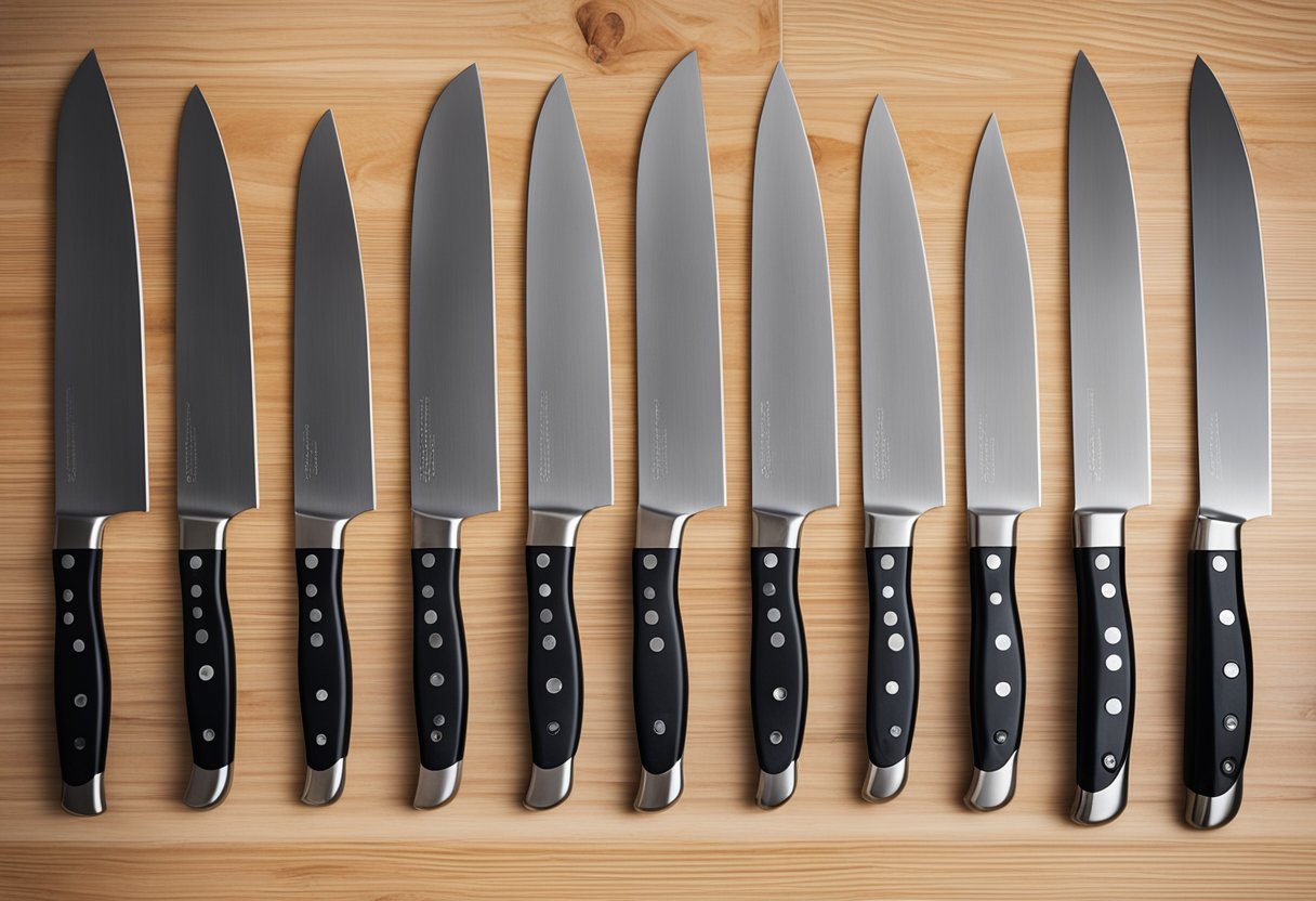 A set of 12 stainless steel knives arranged neatly on a wooden cutting board