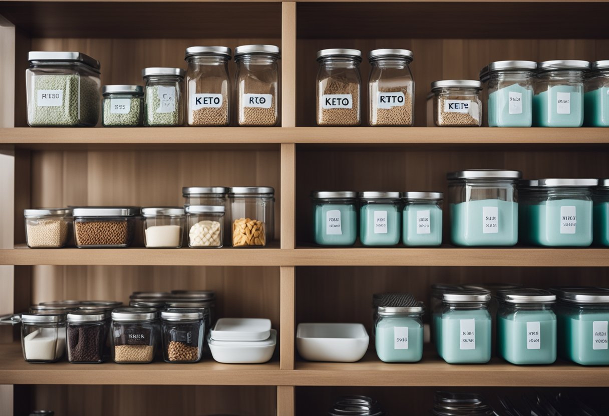 A neatly organized shelf with 12 glass storage containers labeled "Keto Timeshare Kitchen Essentials"