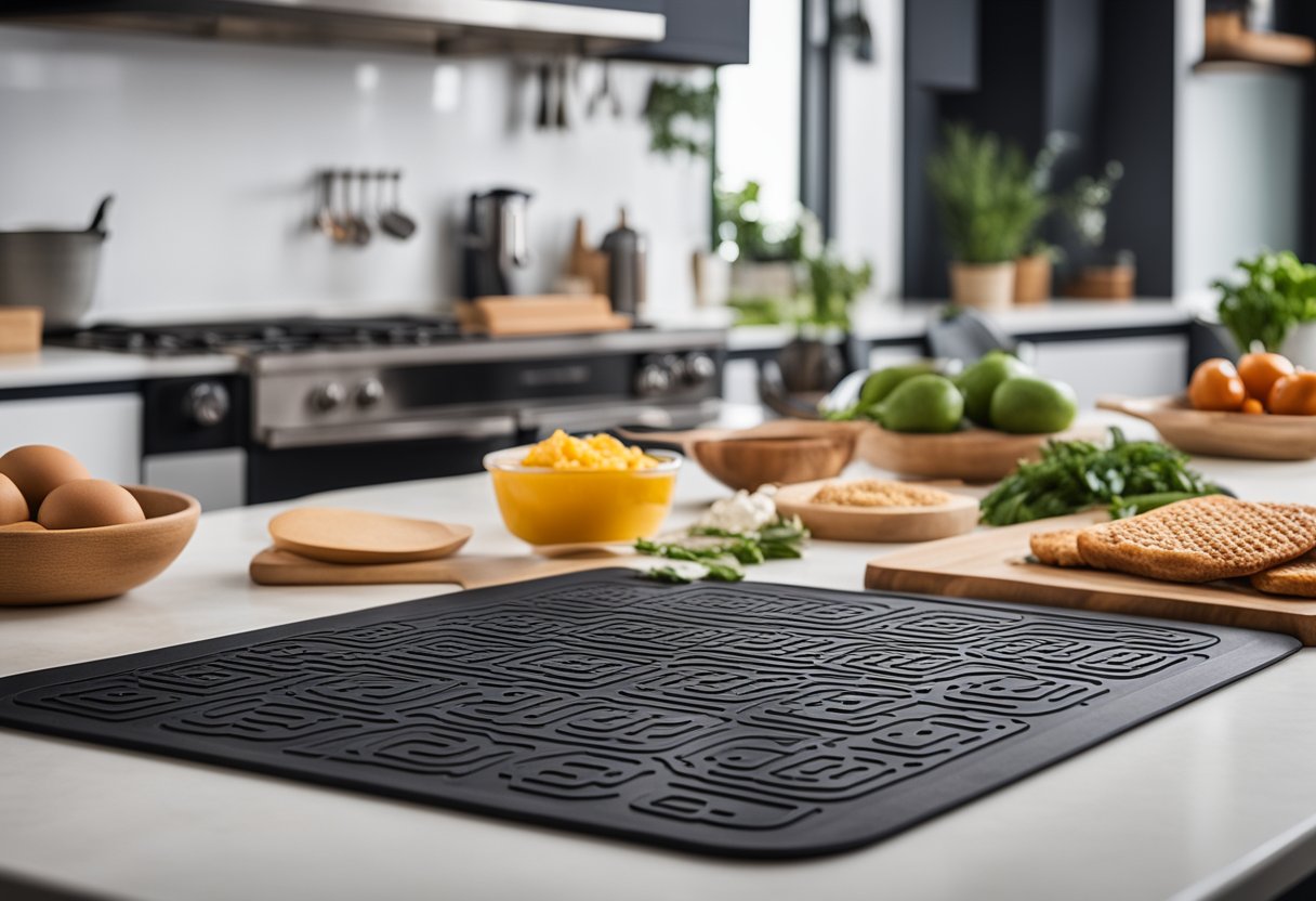 A kitchen counter with 12 silicone baking mats and various keto kitchen essentials scattered around