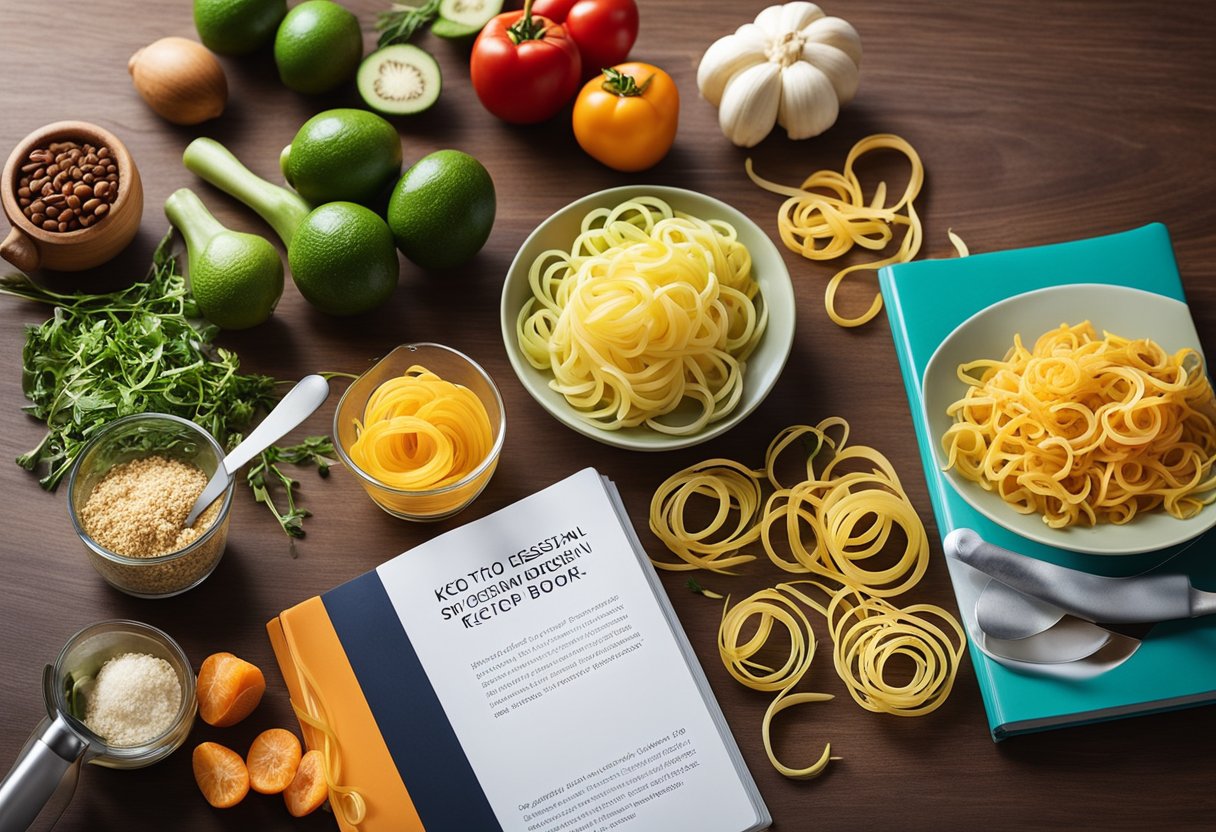 A colorful kitchen countertop displays a spiralizer, keto recipe book, and essential cooking utensils