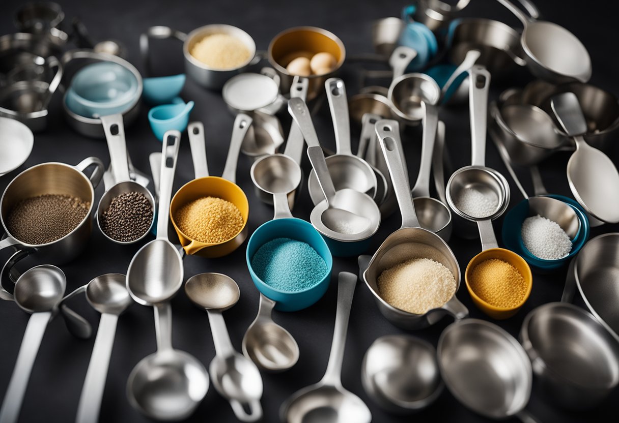 A collection of measuring cups and spoons arranged neatly on a kitchen countertop