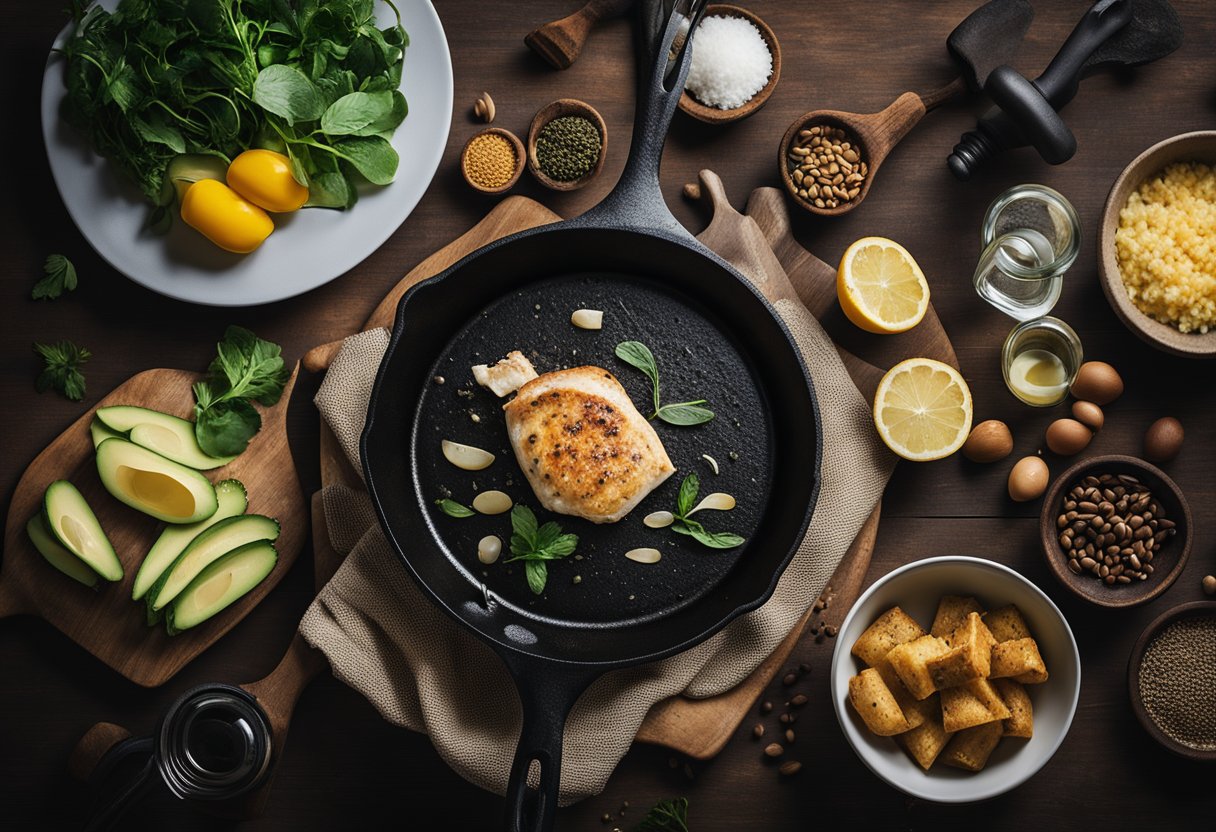 A cast iron skillet surrounded by Keto Timeshare Kitchen Essentials