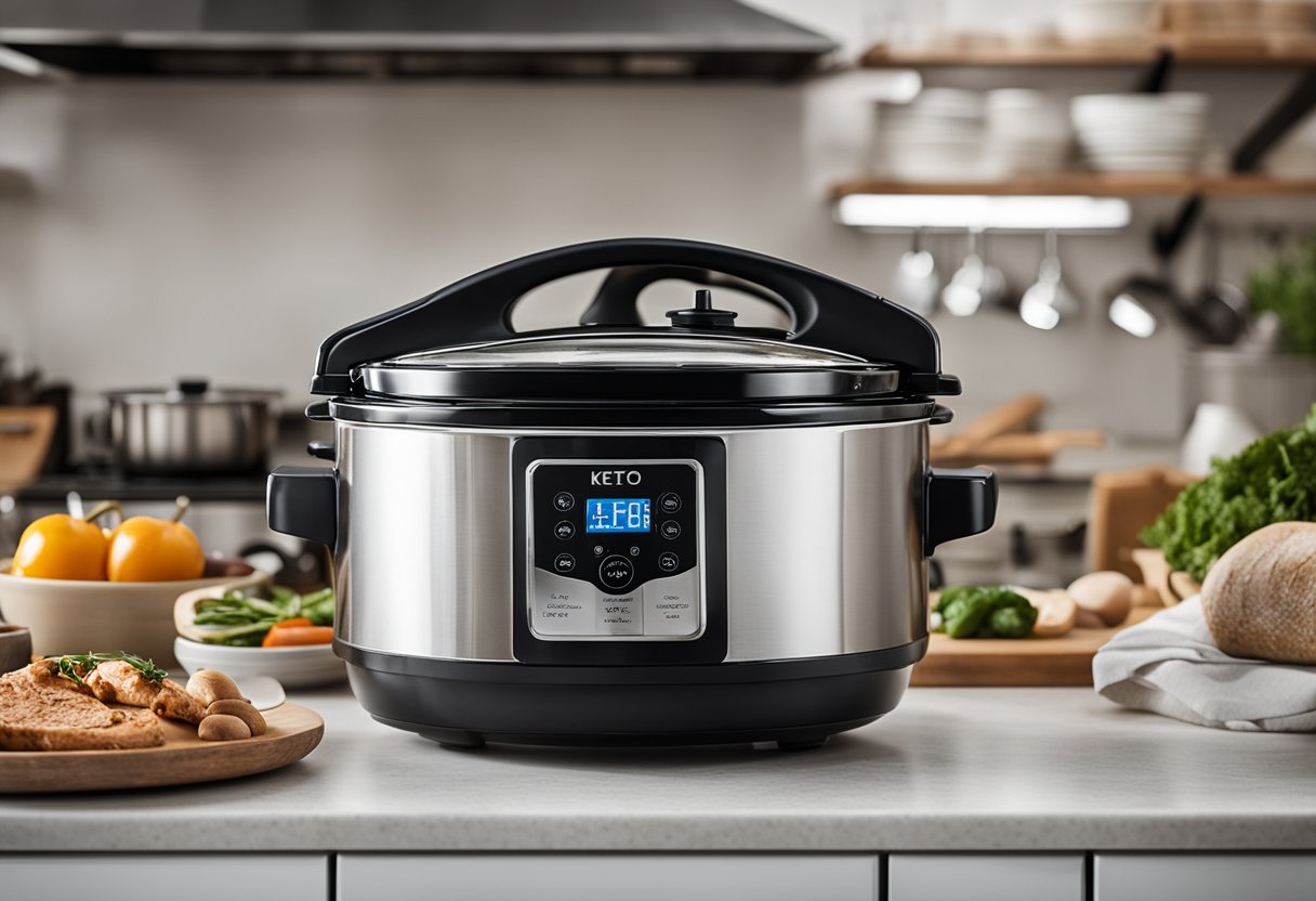 A slow cooker surrounded by 12 keto-friendly kitchen essentials in a tidy, organized setting