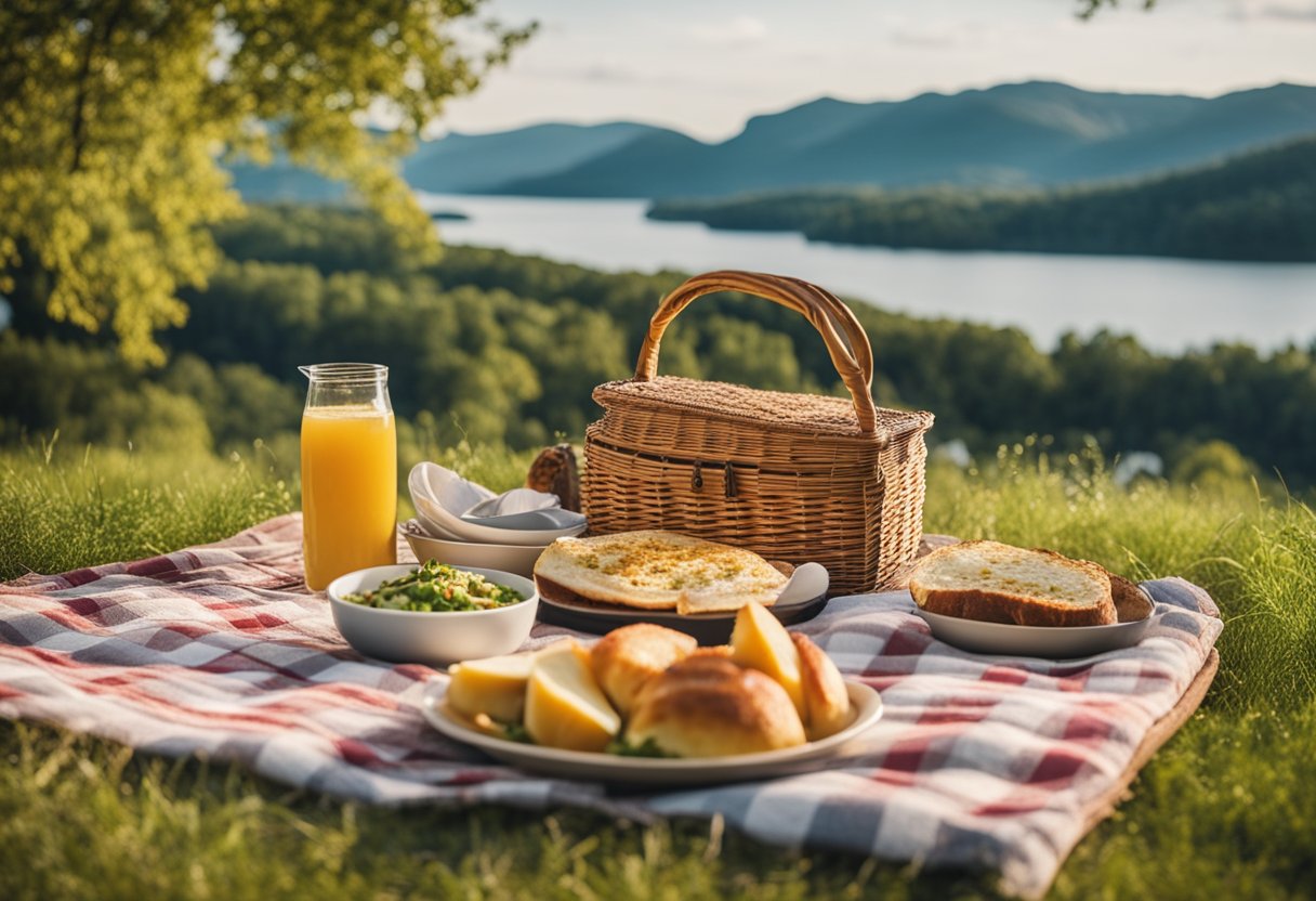 A picnic blanket spread with keto-friendly meals, surrounded by a scenic outdoor setting with trees and a lake in the background