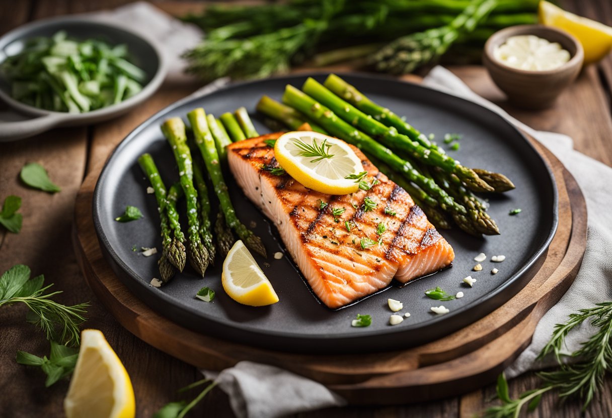 A sizzling grilled salmon fillet sits next to a bed of perfectly roasted asparagus on a rustic wooden platter, surrounded by fresh herbs and lemon wedges