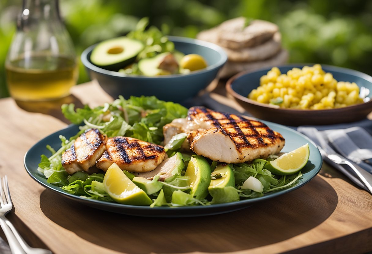 A plate of grilled chicken breast with avocado salad on a wooden table, surrounded by greenery and a picnic basket