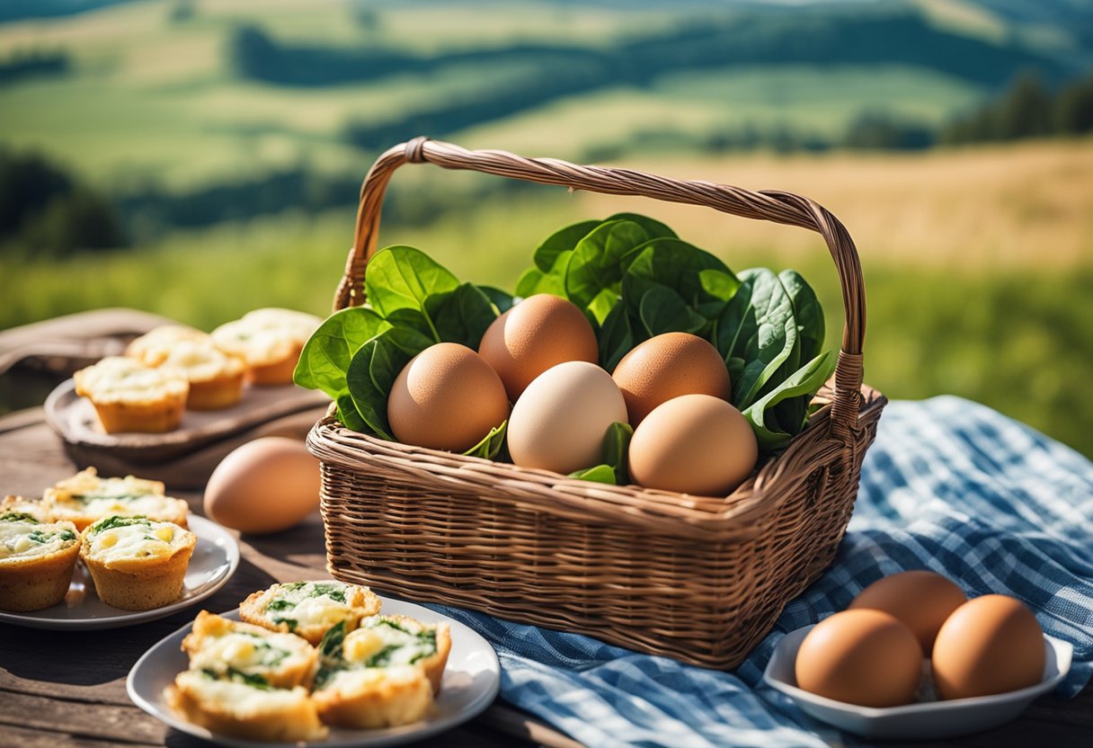 A rustic picnic basket filled with egg muffins and fresh spinach, set against a backdrop of rolling hills and a clear blue sky