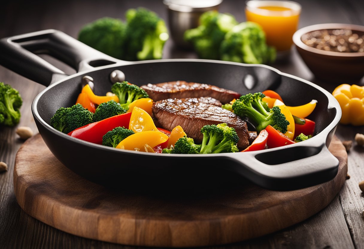 A sizzling skillet with chunks of steak, vibrant green broccoli, and colorful bell peppers, emitting savory aromas