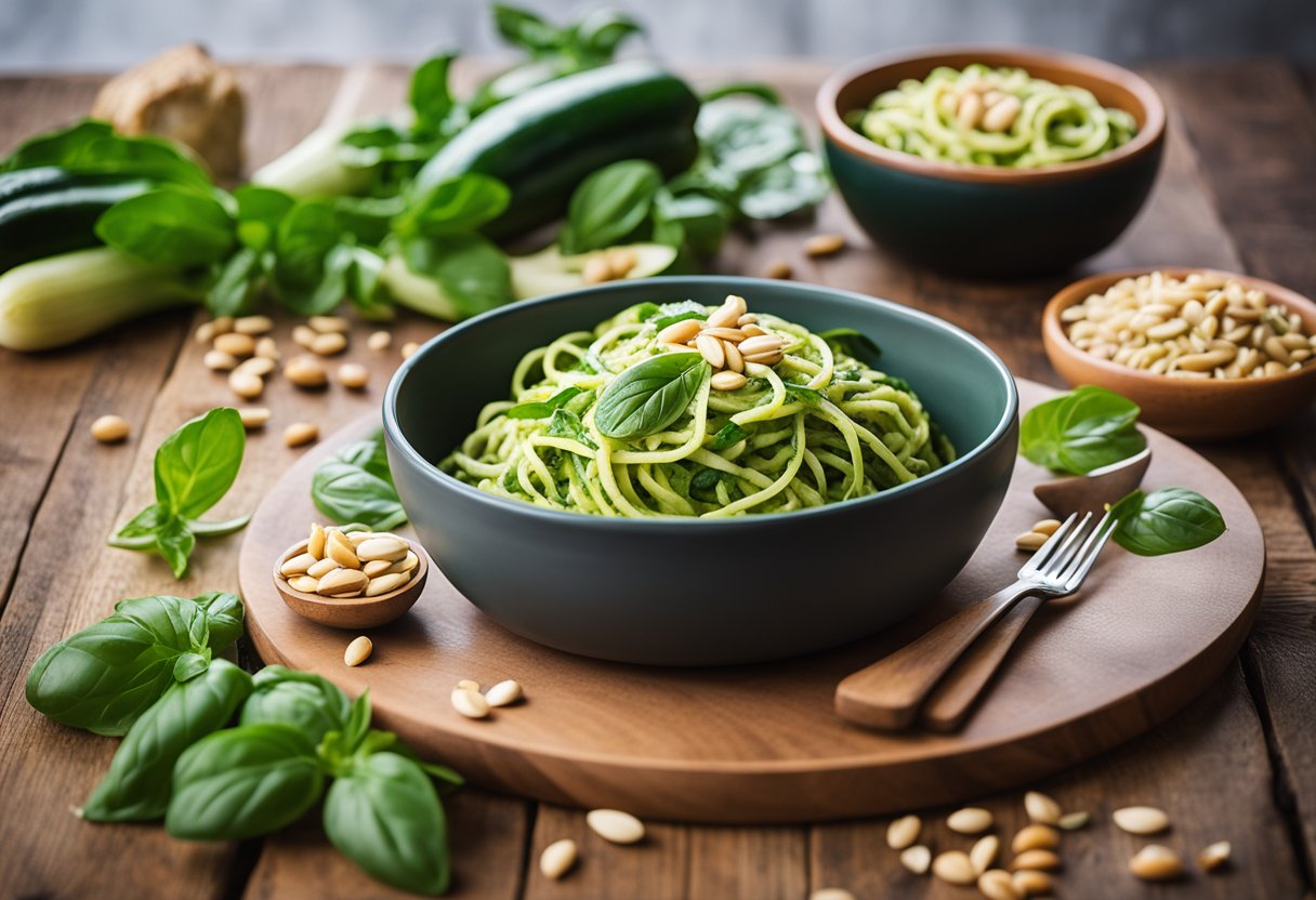 A bowl of zucchini noodles topped with pesto sauce, surrounded by vibrant green basil leaves and pine nuts, set on a rustic wooden table