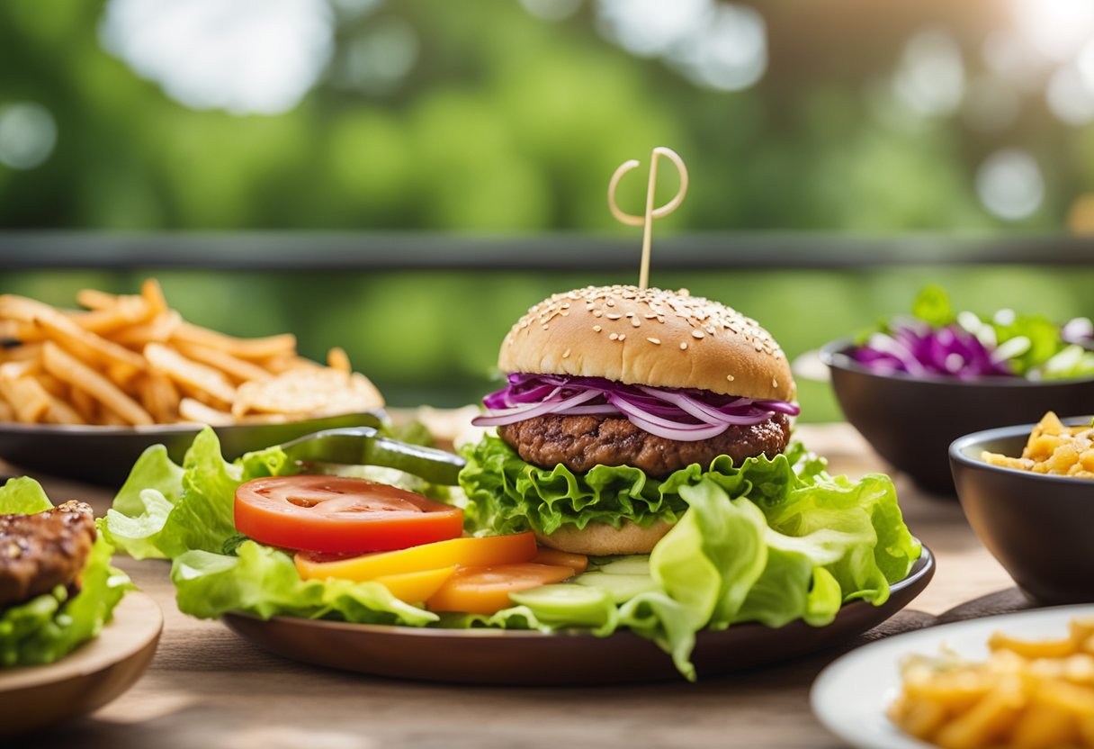 A platter of lettuce-wrapped burgers surrounded by vibrant, colorful keto-friendly side dishes, set against a scenic outdoor backdrop