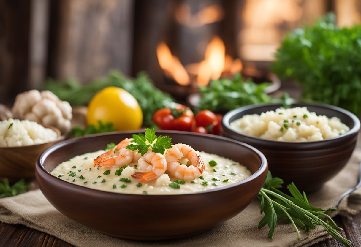 A rustic wooden table set with a bowl of shrimp and cauliflower "grits" surrounded by fresh herbs and spices, with a cozy cabin in the background