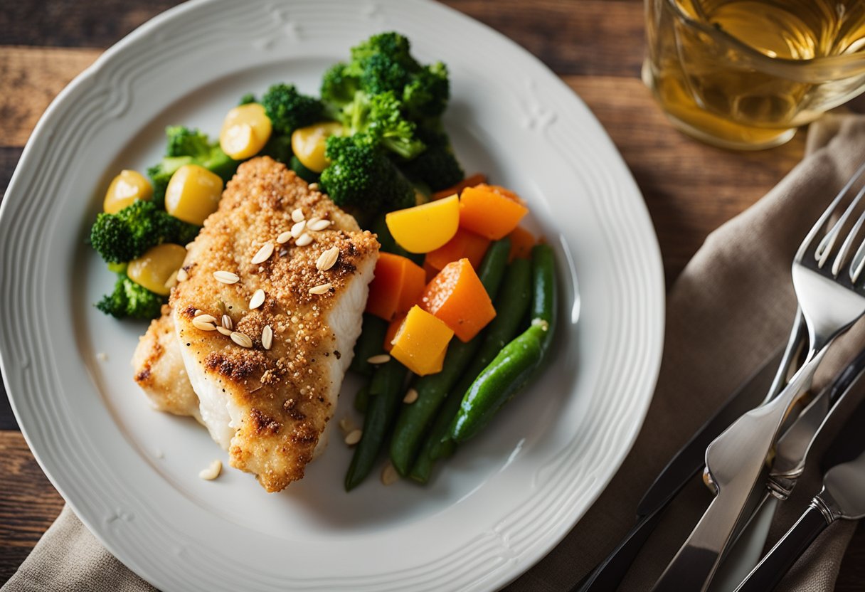 A plate of almond-crusted cod filets with a side of colorful vegetables, set against a backdrop of a cozy weekend getaway cabin in the mountains