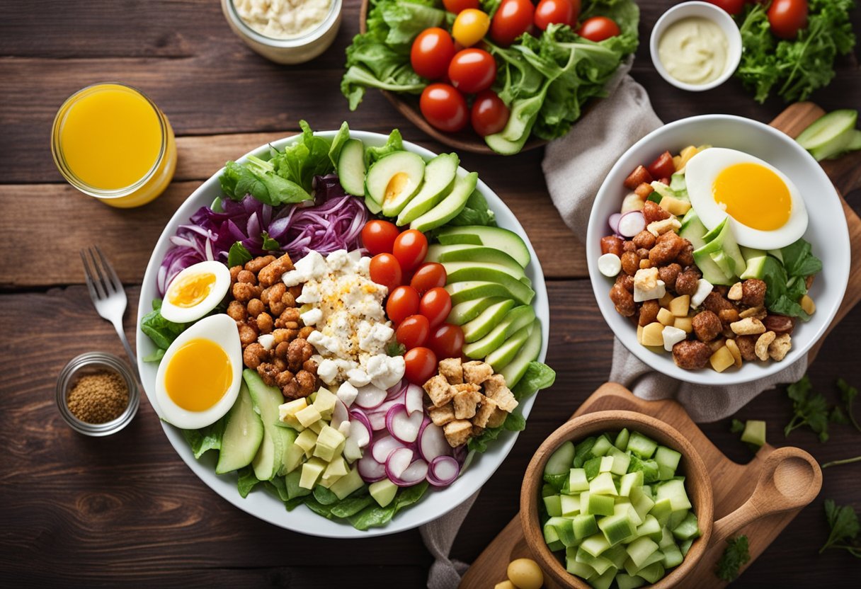 A colorful Keto Cobb Salad surrounded by fresh ingredients and served on a rustic wooden table