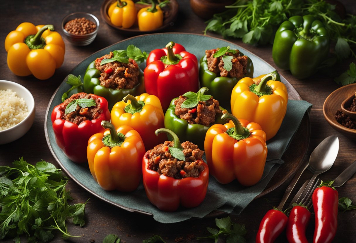 A table set with a colorful array of stuffed bell peppers, filled with seasoned ground beef, surrounded by fresh herbs and spices