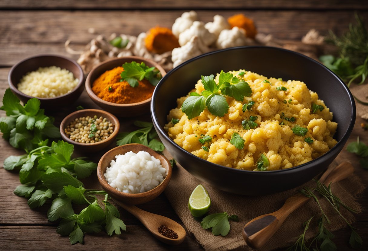 A steaming bowl of cauliflower rice and chicken curry sits on a rustic wooden table, surrounded by vibrant spices and fresh herbs