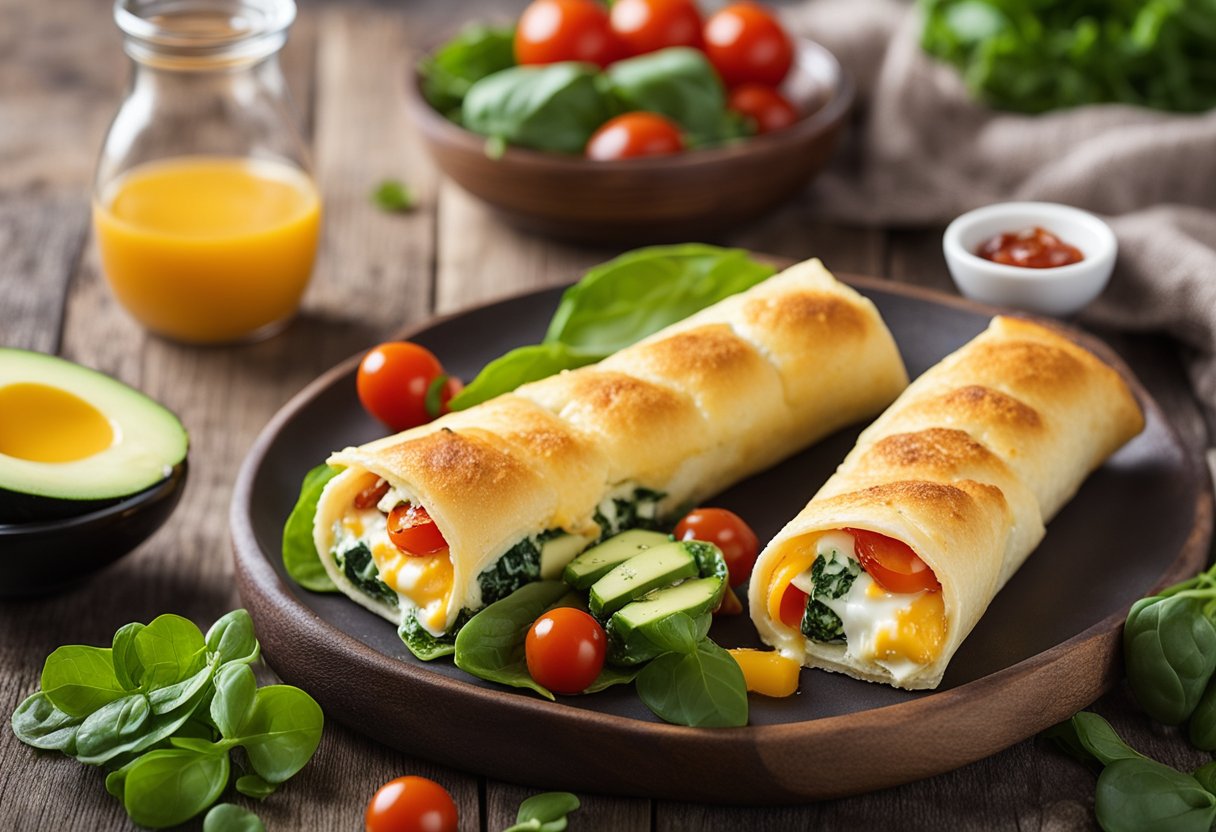 A plate of egg and cheese roll-ups surrounded by keto-friendly ingredients like avocado, spinach, and cherry tomatoes, set against a rustic backdrop