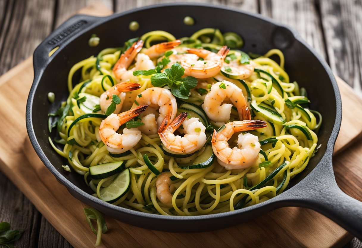 A sizzling skillet of garlic butter shrimp surrounded by vibrant zucchini noodles, set against a rustic backdrop of a cozy weekend getaway cabin