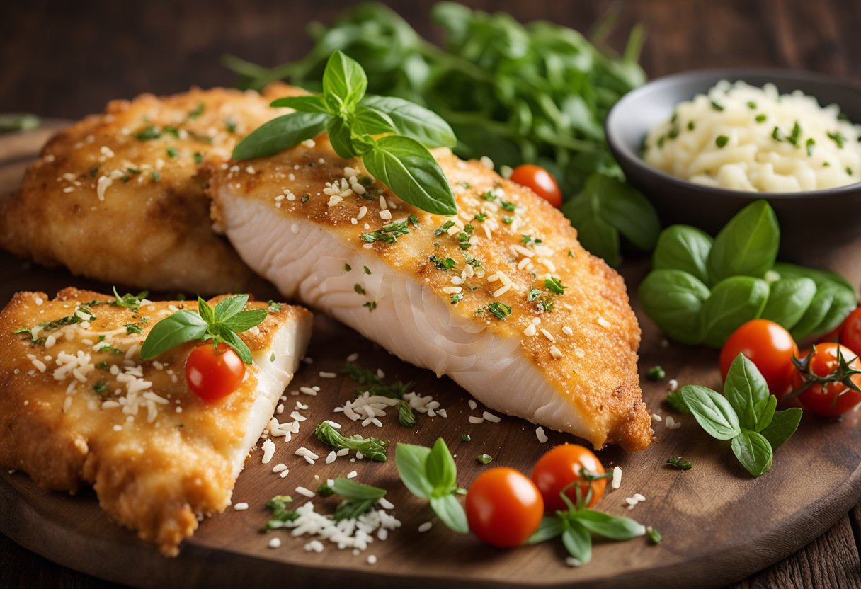 A golden-brown chicken breast coated in Parmesan sits on a rustic wooden table, surrounded by fresh herbs, tomatoes, and a sprinkle of grated cheese