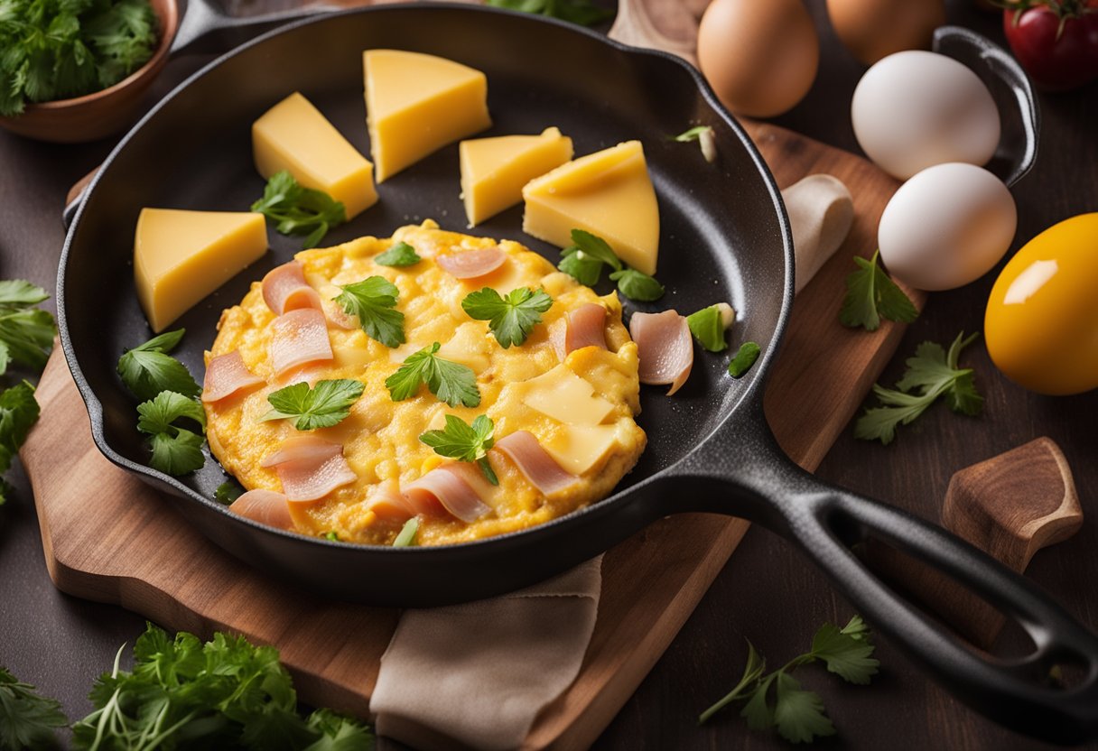 A sizzling ham and cheese omelette cooking in a non-stick skillet on a gas stove, surrounded by fresh ingredients like eggs, ham, and cheese