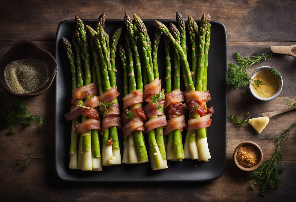 Asparagus spears wrapped in bacon, arranged on a serving platter with a sprinkle of melted cheese, set against a rustic backdrop