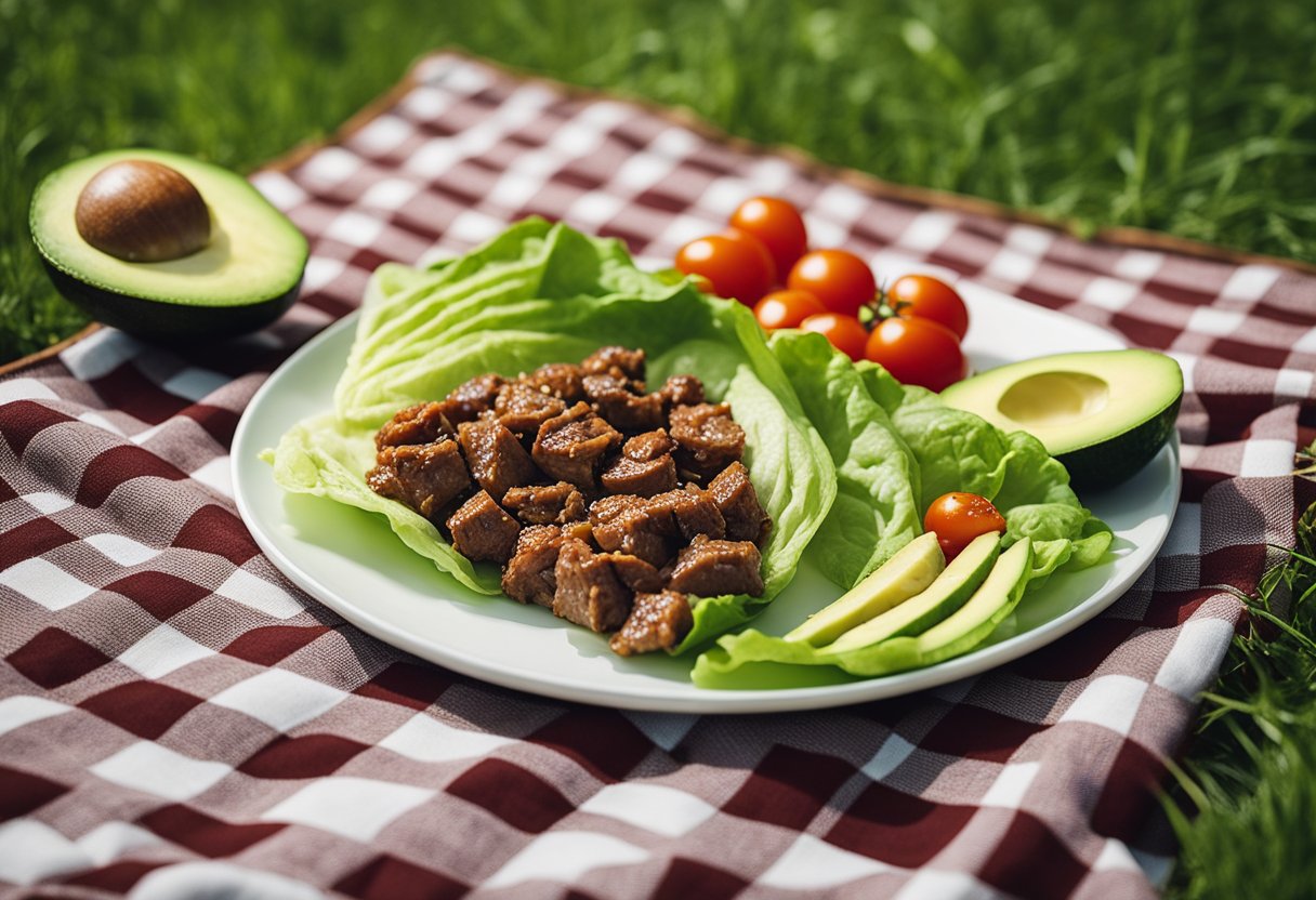 A picnic spread with beef lettuce wraps, avocado, and cherry tomatoes on a checkered blanket in a grassy field on a sunny day