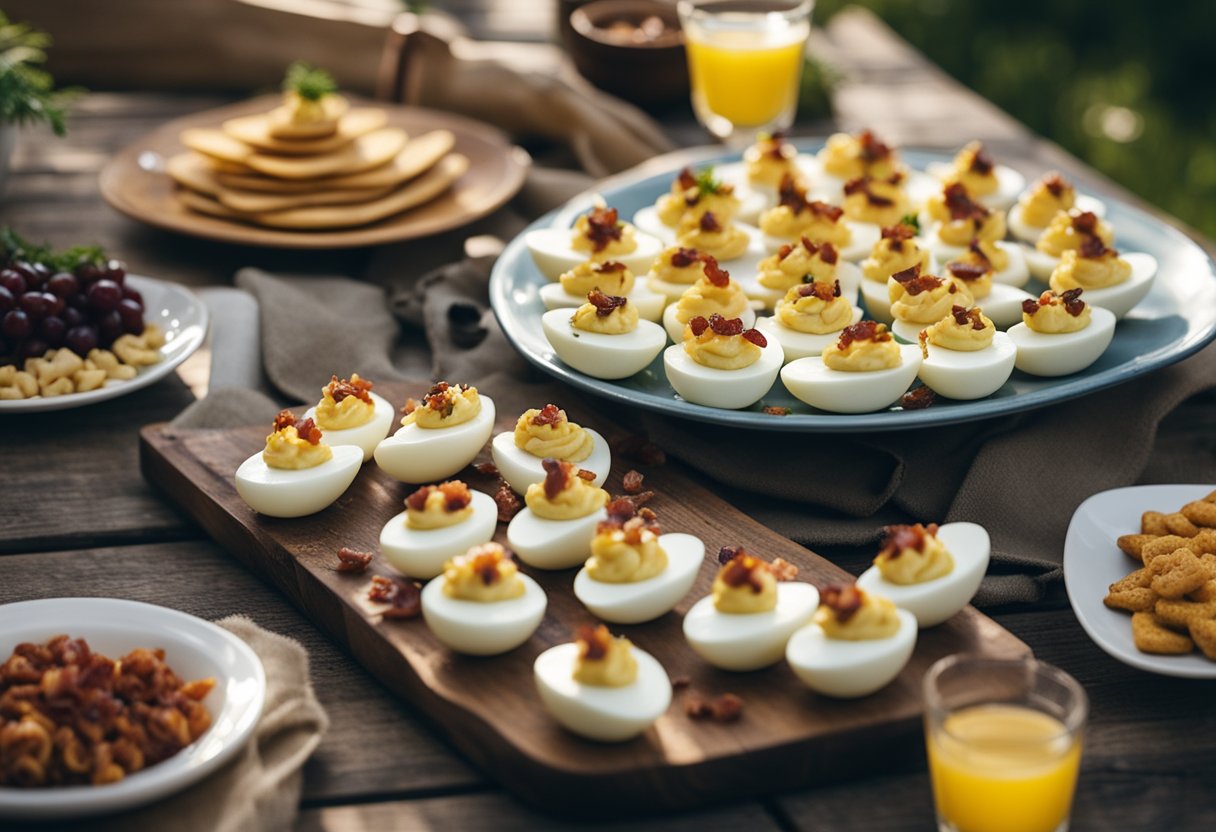 A platter of deviled eggs topped with bacon bits surrounded by keto-friendly snacks on a rustic picnic table