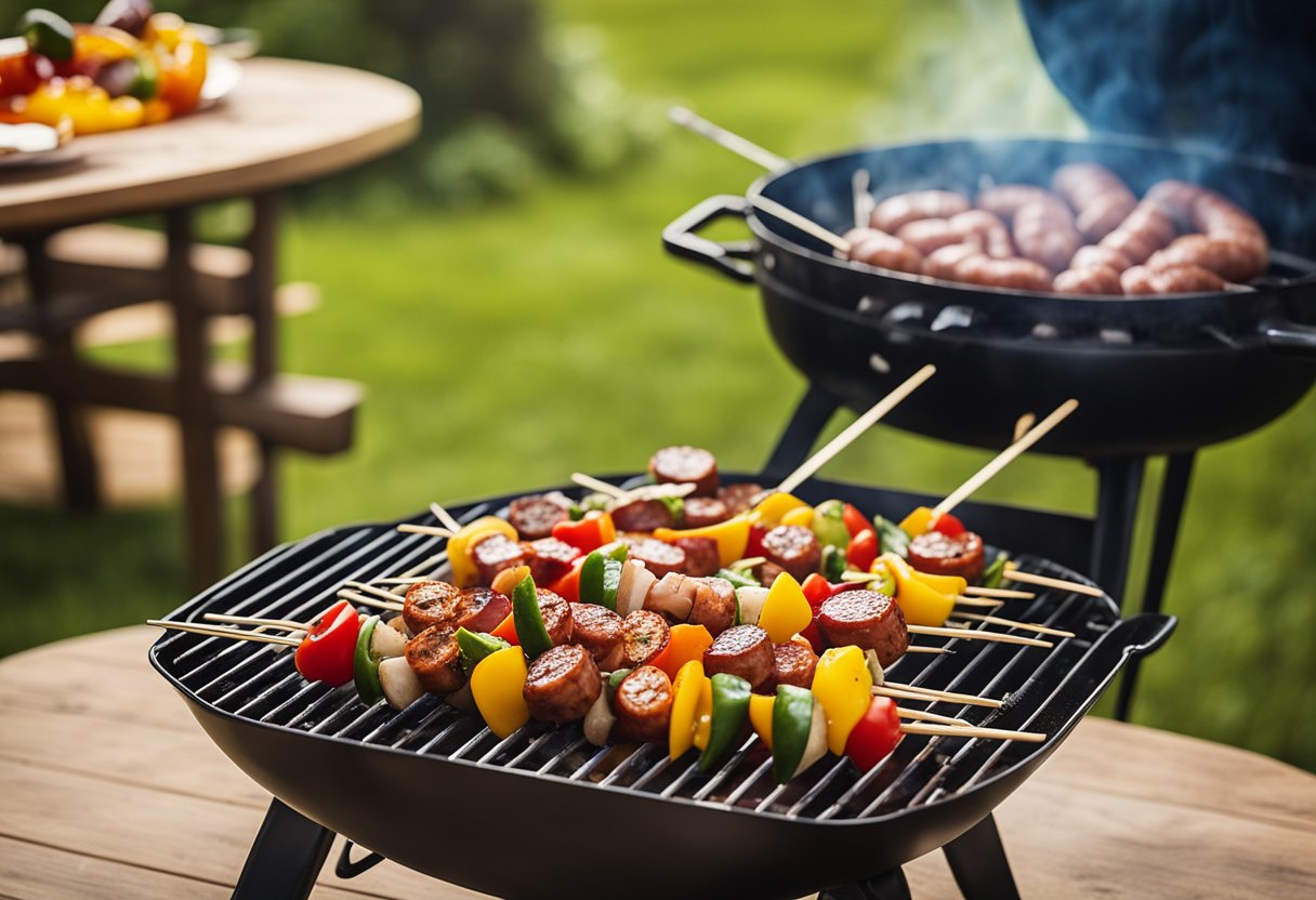 A colorful array of sausage and pepper skewers sizzling on a grill, surrounded by a rustic picnic spread in a serene outdoor setting