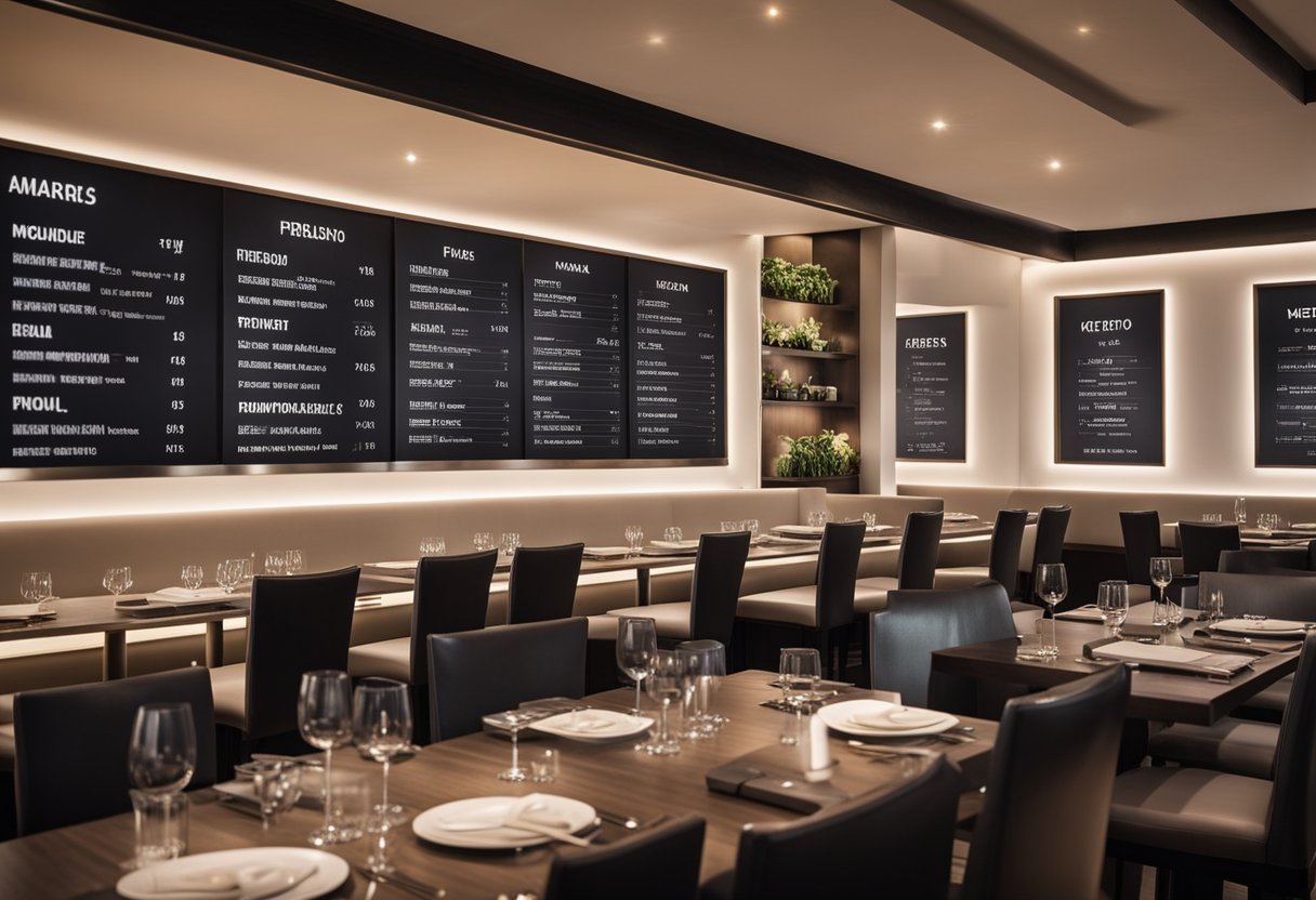 A sleek, modern restaurant with a menu board featuring 15 keto-friendly dishes. Tables set with elegant place settings and soft lighting create a sophisticated ambiance