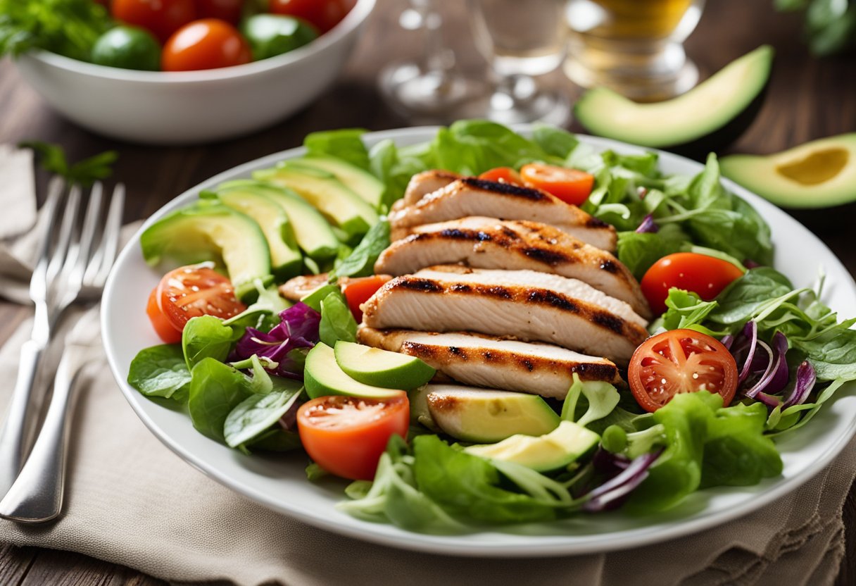 A colorful salad with grilled chicken, fresh greens, tomatoes, cucumbers, and avocado, served in a white bowl on a wooden table