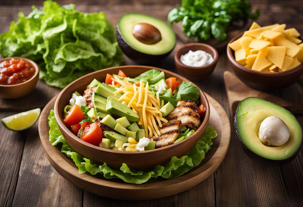 A colorful bowl filled with lettuce, grilled chicken, avocado, cheese, and salsa sits on a wooden table, surrounded by fresh ingredients