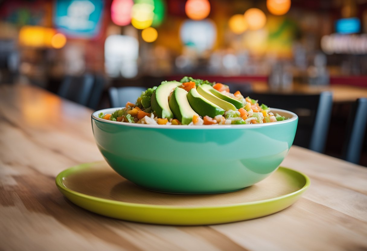 A colorful bowl of Norrito, topped with fresh avocado, sits on a wooden table in the vibrant atmosphere of Tijuana Flats