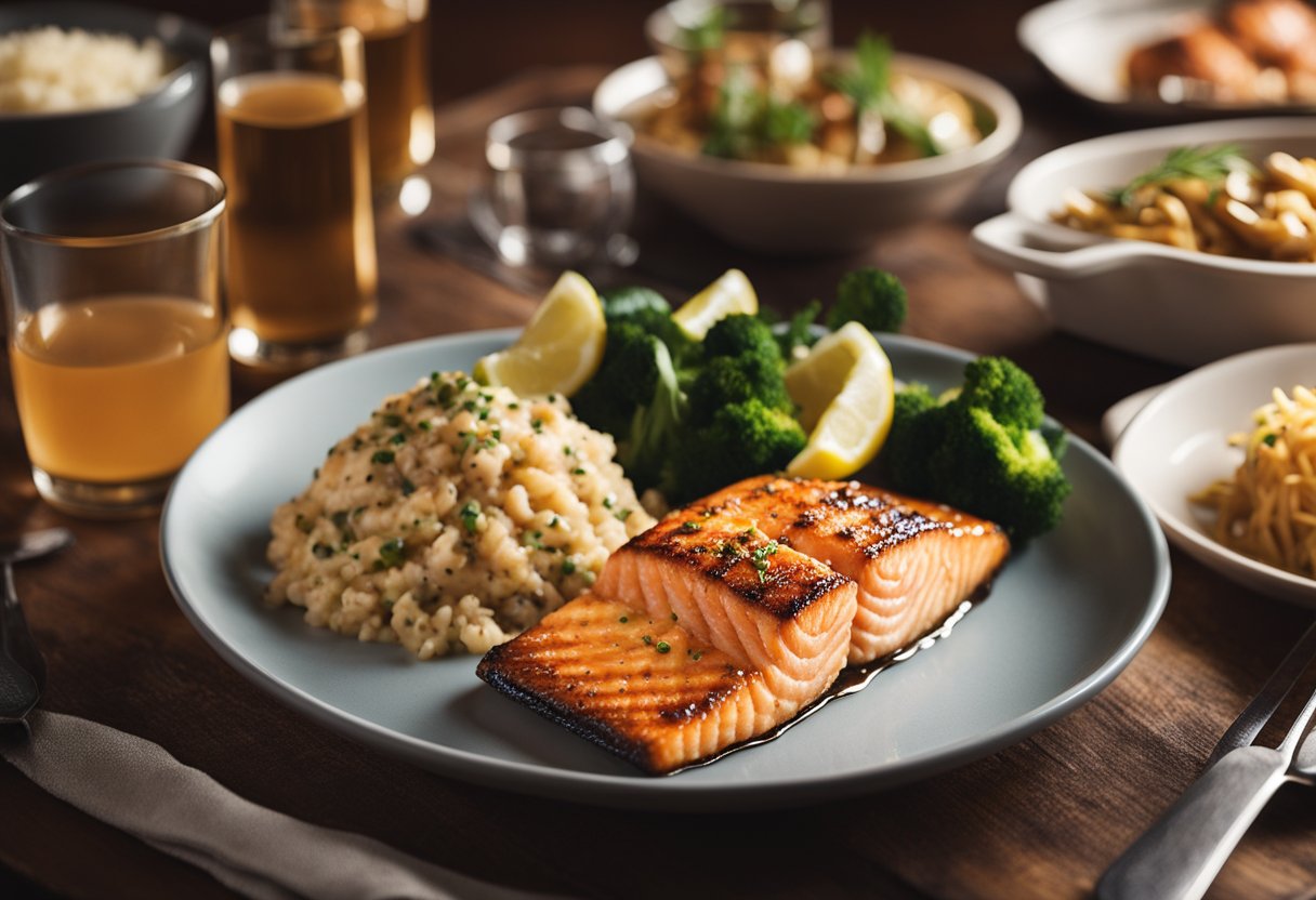 A sizzling wood-grilled salmon dish served on a rustic wooden table at Red Lobster, surrounded by keto-friendly side dishes and a cozy restaurant ambiance