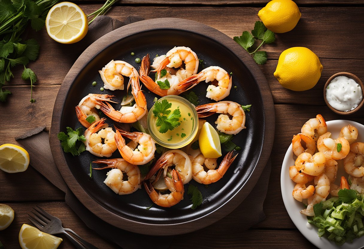 A sizzling platter of grilled shrimp with a side of butter and lemon, surrounded by a rustic wooden table and Texas Roadhouse decor