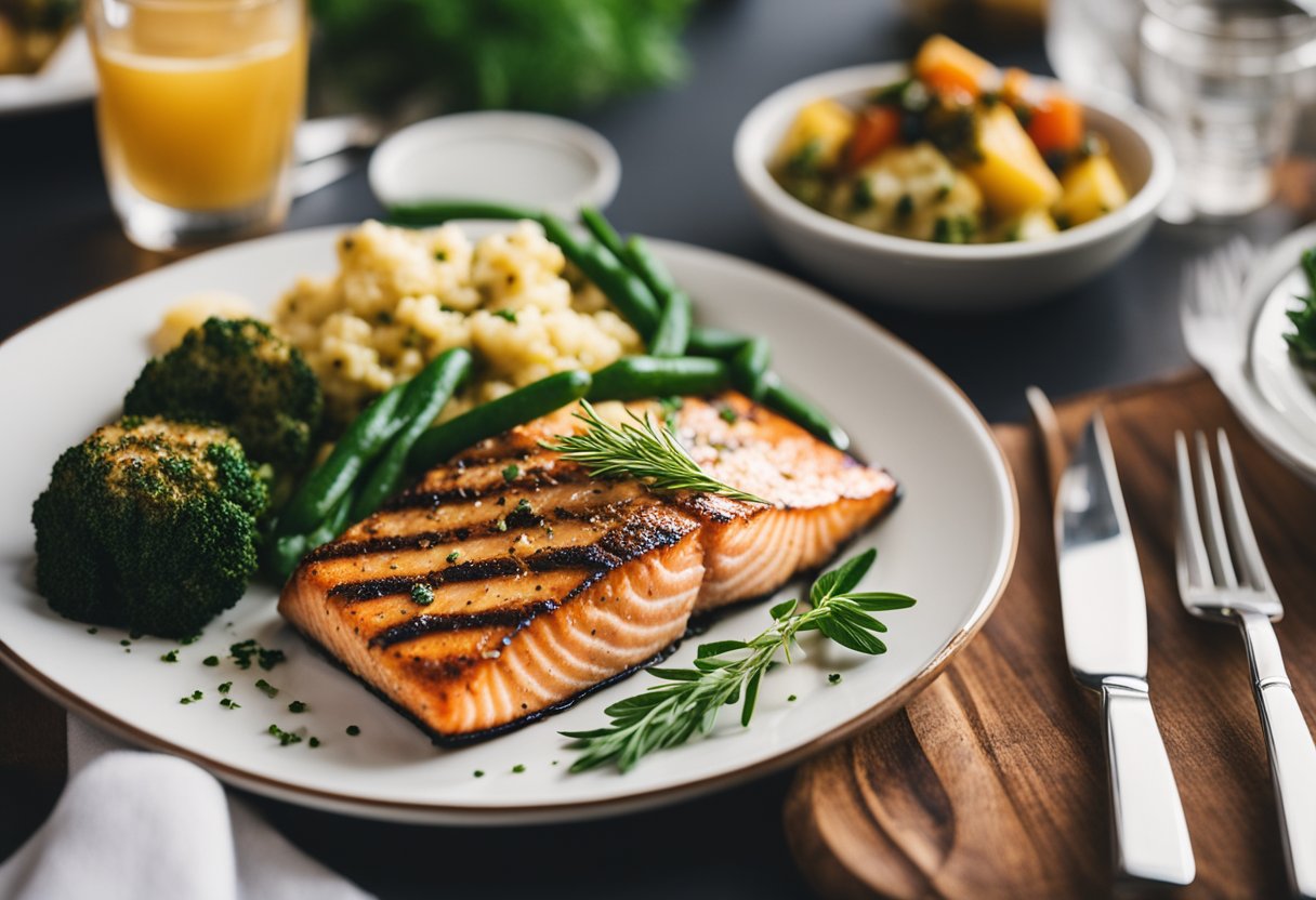 A plate of herb-grilled salmon with keto-friendly sides, set on a table in a cozy Olive Garden restaurant