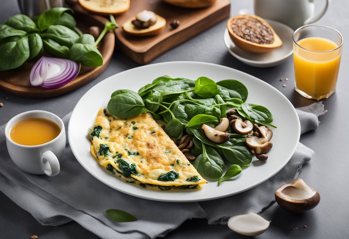 A sizzling spinach and mushroom omelette on a white plate, surrounded by a colorful array of keto-friendly ingredients and a steaming cup of coffee