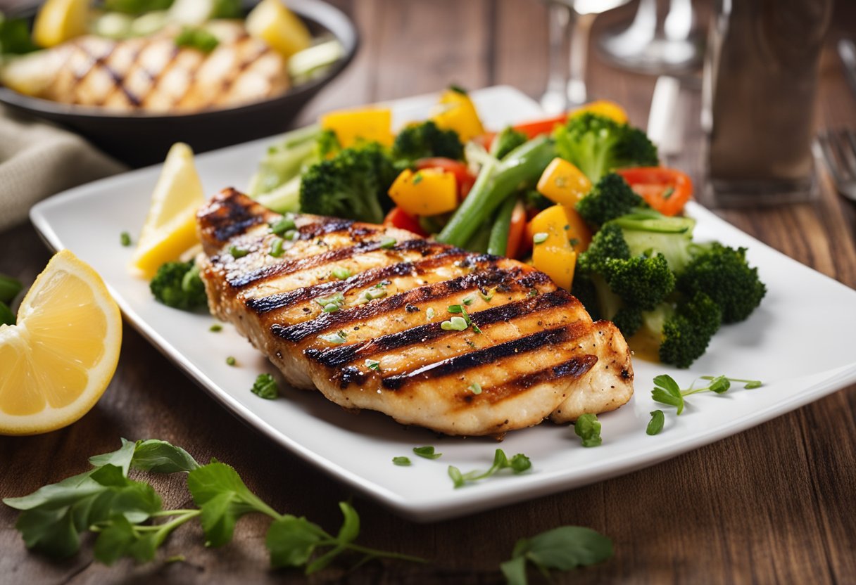 A sizzling grilled chicken breast with grill marks, served with a side of fresh vegetables and a wedge of lemon on a white plate