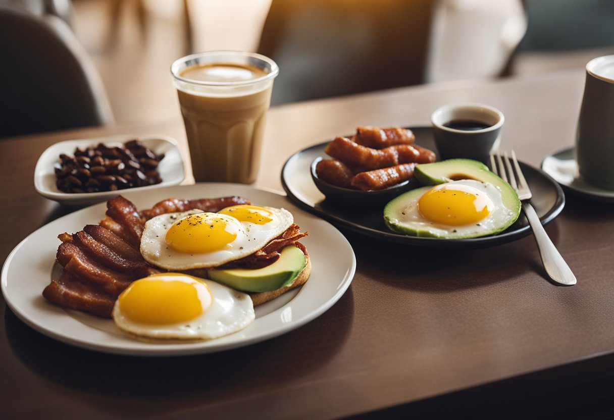 A plate with two eggs, bacon, and sausage sits on a table at Waffle House, with a cup of coffee and a side of avocado