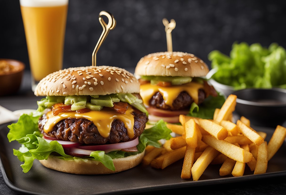 A bunless bacon cheeseburger with lettuce wrap, accompanied by a side of crispy, seasoned fries, all served on a sleek, modern tray