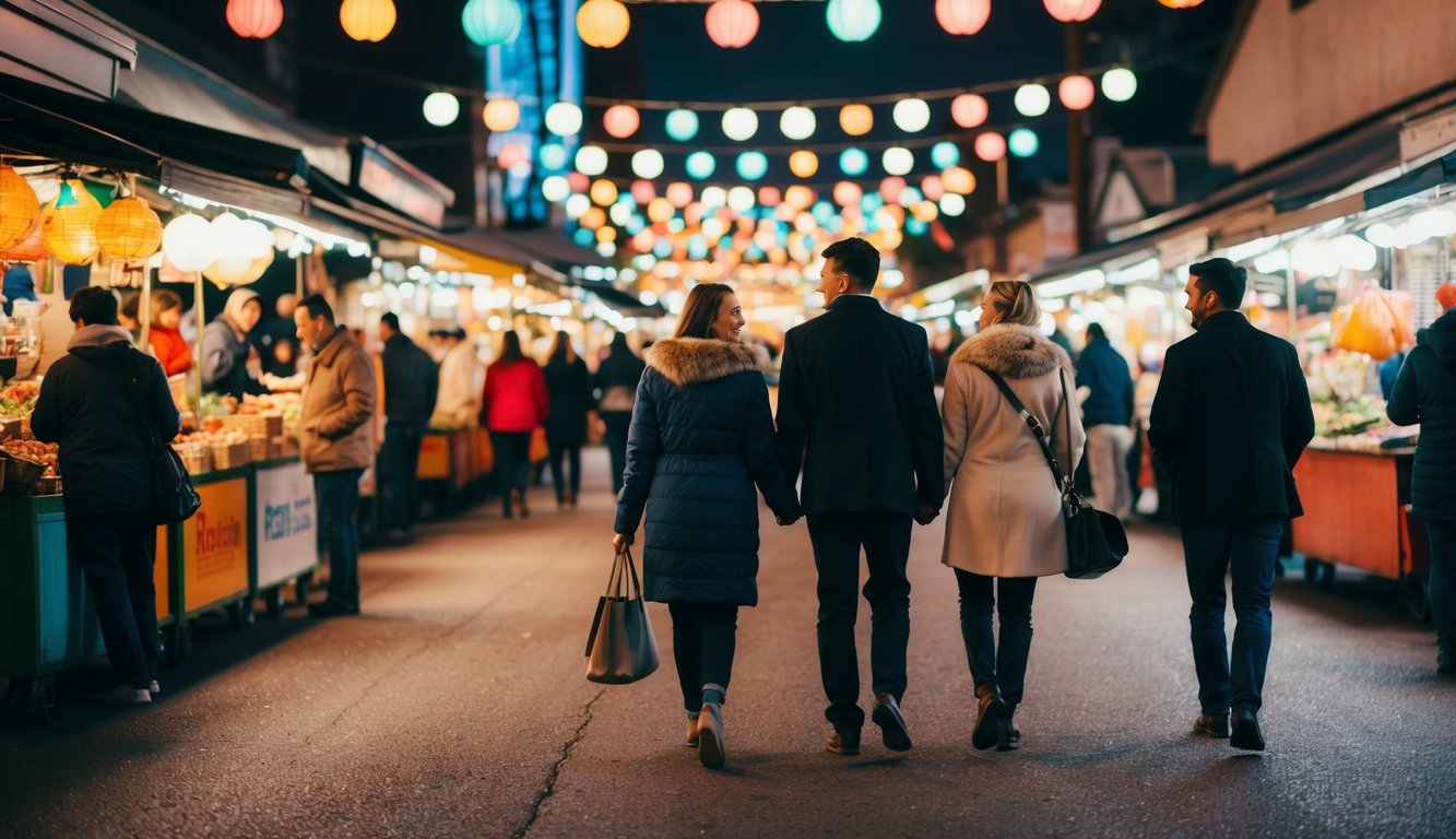 Pasar malam romantis dengan lampu warna-warni, pedagang kaki lima, dan pasangan yang berjalan bergandeng tangan