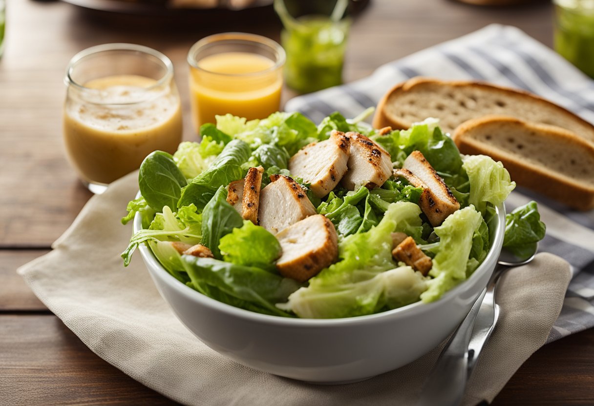 A fresh Caesar salad with grilled chicken, surrounded by rustic bread and a cup of hot coffee on a wooden table at Panera Bread