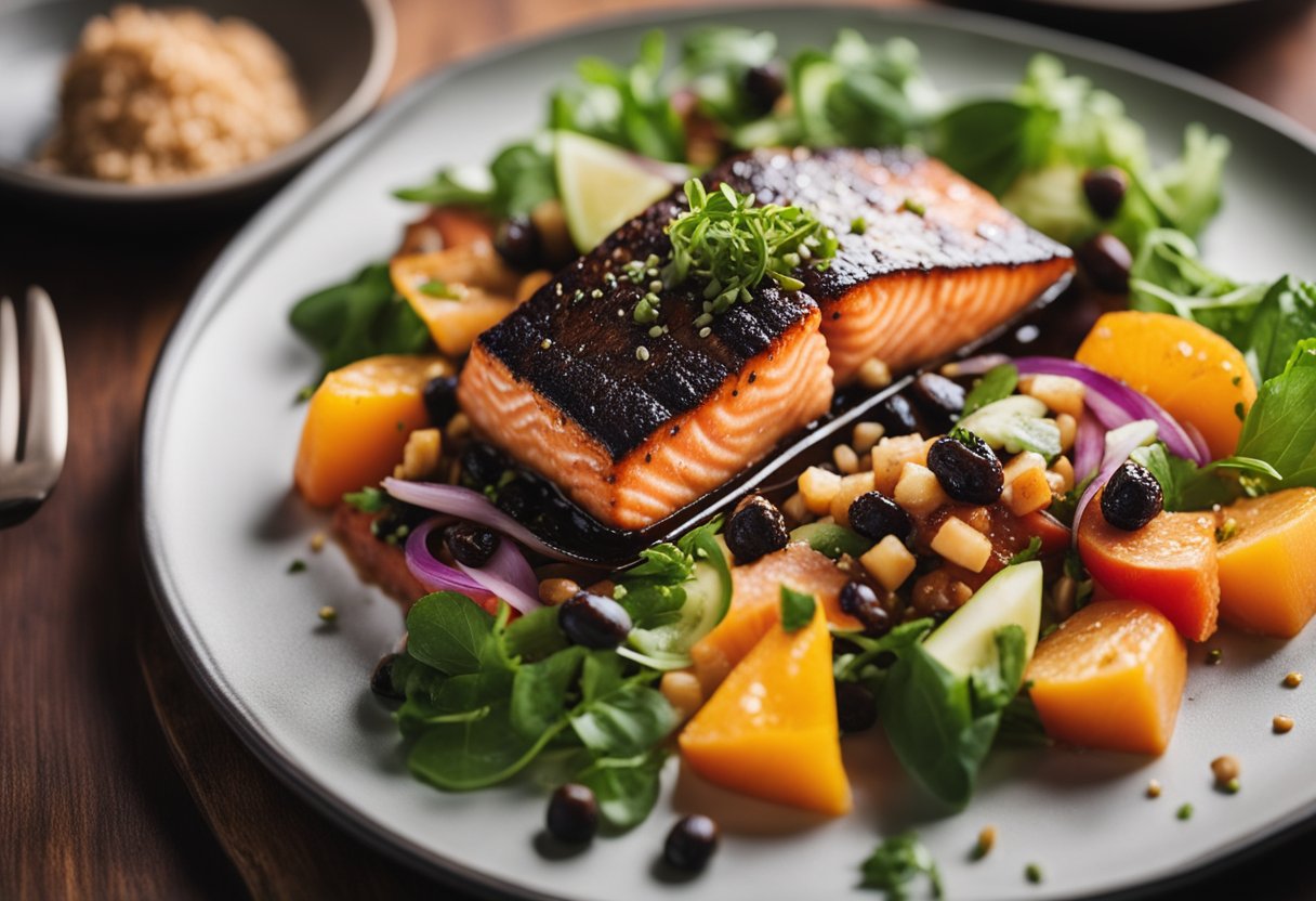 A sizzling Ancho Salmon dish on a stylish plate, surrounded by colorful keto-friendly sides, set on a modern restaurant table