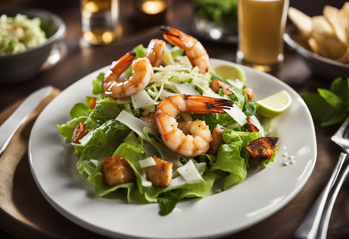 A plate of blackened shrimp Caesar salad sits on a table at Applebee's, surrounded by a casual restaurant setting