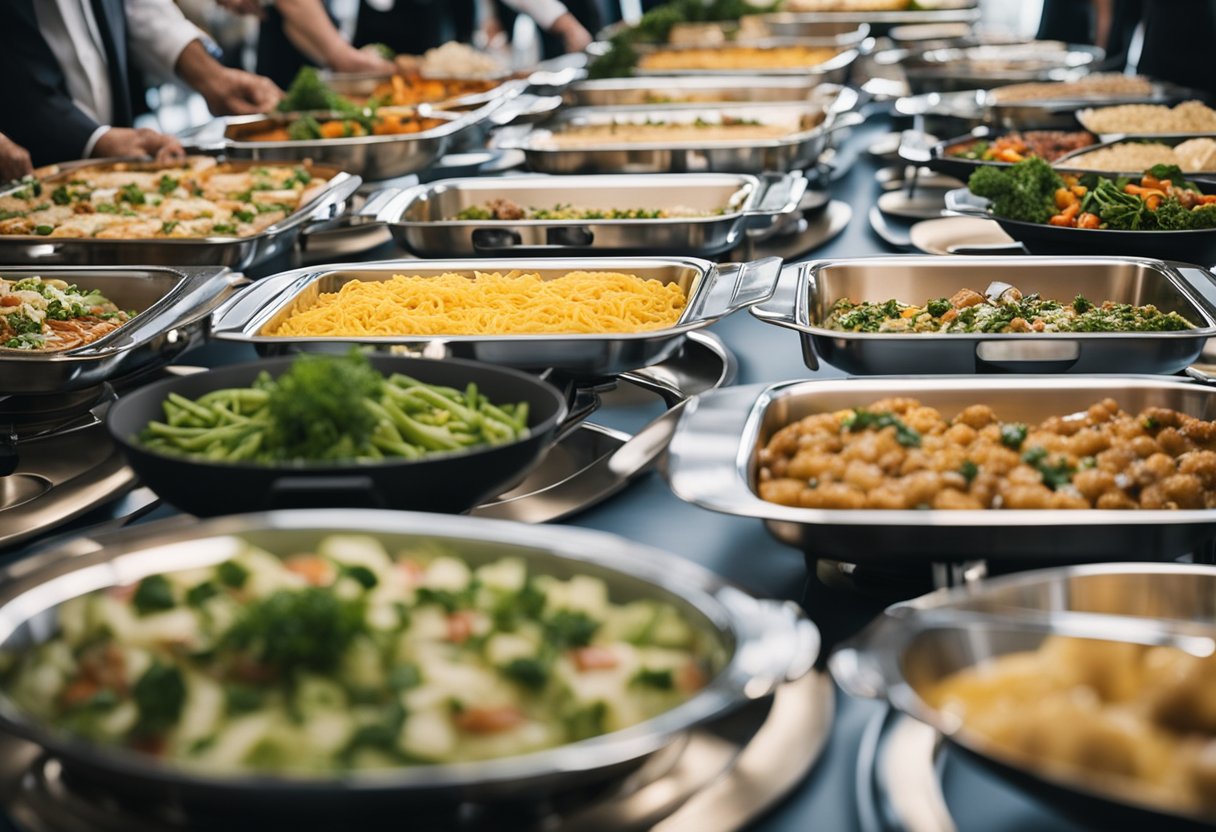 A buffet table with various keto-friendly lunch options displayed on platters and in chafing dishes, surrounded by attendees at a conference center