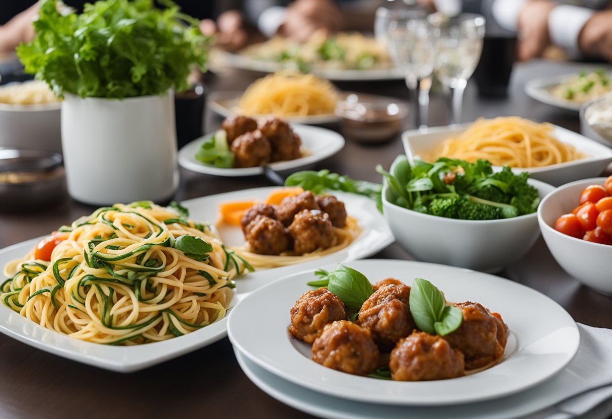 A table set with a plate of zoodle spaghetti and meatballs, surrounded by keto-friendly lunch options at a conference center