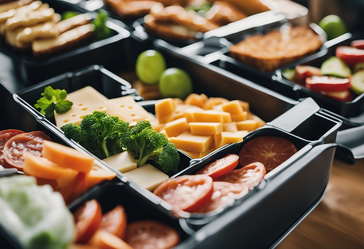 A picnic box filled with pepperoni and cheese, surrounded by keto-friendly lunch options at a conference center