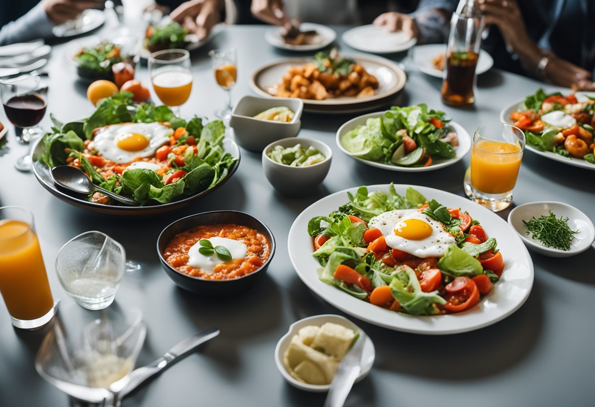 A table set with colorful plates of shakshuka and fresh salad at a modern conference center