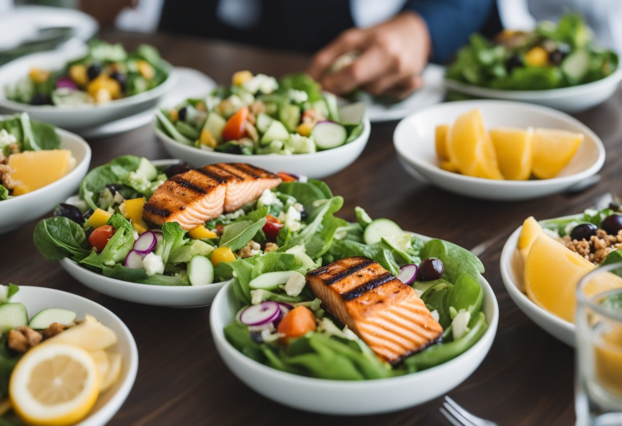 A plate of grilled salmon salad surrounded by keto-friendly lunch options at a conference center